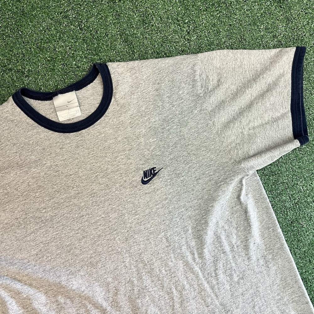 Y2K Vintage Grey Tag Nike Ringer T Shirt Size L Navy Embroidered Logo Spellout